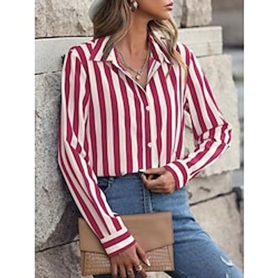 Women's Shirt Blouse Striped Red Print Button Long Sleeve Casual Fashion Shirt Collar Regular Fit Spring   Fall Lightinthebox
