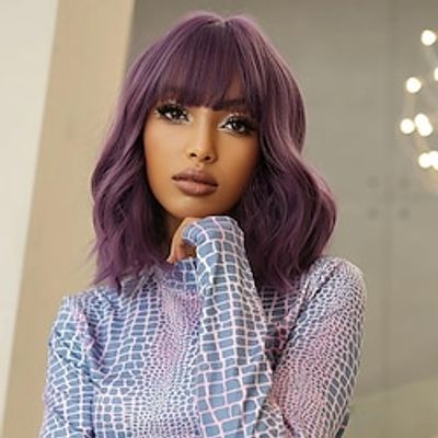 Purple Wig With Bangs For Women Girls Bob Hair Wigs Short Curly Wavy Shoulder Length Synthetic Wig Natural Looking miniinthebox