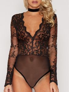 Black Sexy Deep V Lace Bodycon Bodysuit