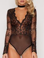 Black Sexy Deep V Lace Bodycon Bodysuit - thumbnail