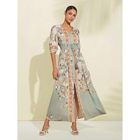 Satin Floral V Neck Maxi Dress - thumbnail