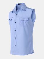 Casual Summer Fashion Epaulets Chest Pockets Sleeveless Band Collar Dress Shirts for Men