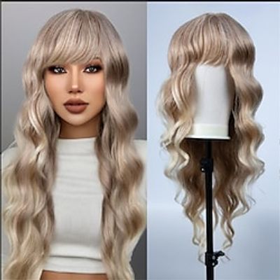 Ombre Blonde Wigs with Bangs Long Wavy Wig with for Women 26 inch Synthetic Water Wave Wigs Heat Resistant Wig Highlight Blonde Wigs miniinthebox