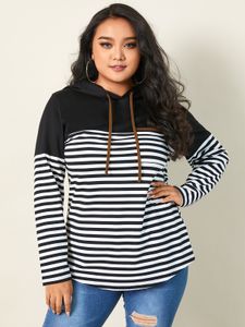 YOINS Plus Size Striped Patchwork Hooded Design Drawstring Long Sleeves Sweatshirt