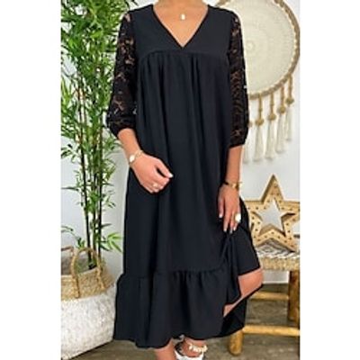 Women's Plus Size A Line Dress Solid Color V Neck 34 Length Sleeve Fall Winter Casual Midi Dress Daily Vacation Dress Lightinthebox
