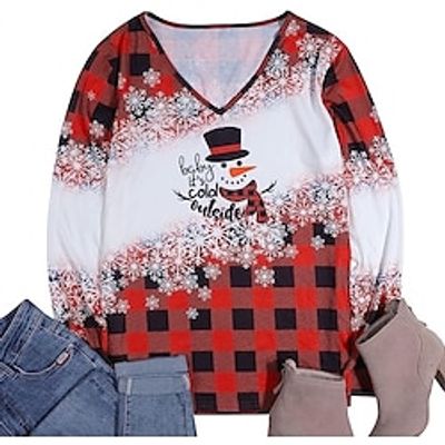 Women's Pullover Christmas Print Red Snowman Christmas V Neck Long Sleeve Only tops Micro-elastic Fall  Winter Lightinthebox