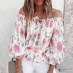 Women's Shirt Blouse Floral Casual Holiday Cold Shoulder White Pink Blue Lace up Button Print Long Sleeve Fashion Off Shoulder Regular Fit Summer Lightinthebox