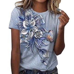 Women's T shirt Tee Floral Butterfly Blue Print Short Sleeve Casual Holiday Fashion Round Neck Regular Fit Summer Lightinthebox