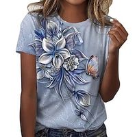 Women's T shirt Tee Floral Butterfly Blue Print Short Sleeve Casual Holiday Fashion Round Neck Regular Fit Summer Lightinthebox - thumbnail