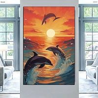 Dolphins painting hand painted Canvas Coastal Watercolor painting Home Decor Ocean-inspired painting Wall Art Serene Beach painting House Accent for living room home decoration Lightinthebox