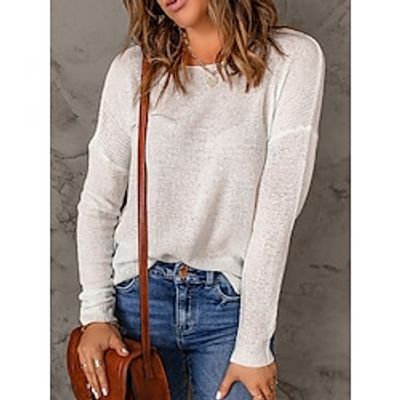 Women's Pullover Sweater Jumper Crew Neck Ribbed Knit Polyester Knitted Fall Winter Regular Outdoor Daily Going out Fashion Streetwear Casual Long Sleeve Solid Color Black White Blue S M L Lightinthebox