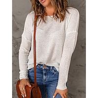 Women's Pullover Sweater Jumper Crew Neck Ribbed Knit Polyester Knitted Fall Winter Regular Outdoor Daily Going out Fashion Streetwear Casual Long Sleeve Solid Color Black White Blue S M L Lightinthebox - thumbnail