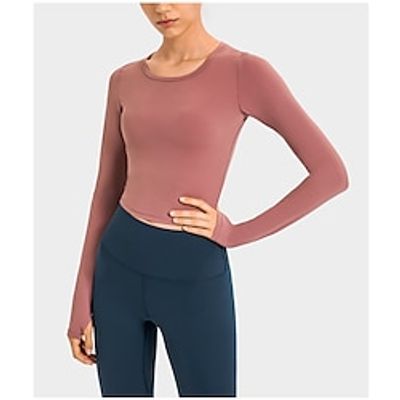 Women's Running T-Shirt Crop Top Solid Color Thumbhole Crop Top Red Yoga Fitness Crew Neck High Elasticity Spring   Fall Lightinthebox