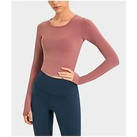 Women's Running T-Shirt Crop Top Solid Color Thumbhole Crop Top Red Yoga Fitness Crew Neck High Elasticity Spring   Fall Lightinthebox - thumbnail