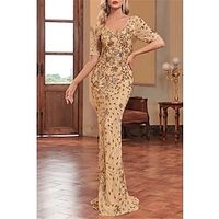 Mermaid  Trumpet Mother of the Bride Dress Wedding Guest Sparkle  Shine Elegant V Neck Floor Length Sequined Short Sleeve with Sequin Flower 2023 Lightinthebox