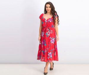Womens Ruffled Slub-Weave Tie-Belt Midi Dress  Red