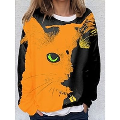 Women's Sweatshirt Pullover Cat Fashion Streetwear Print Black Blue Street Casual Round Neck Long Sleeve Micro-elastic Fall  Winter Lightinthebox