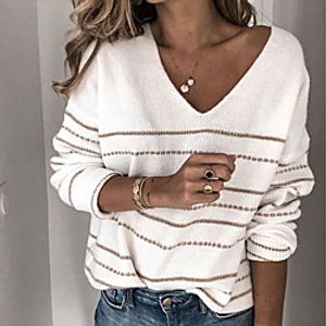 Women's Basic Knitted Striped Pullover Long Sleeve Loose Sweater Cardigans V Neck Fall Winter White Black Purple miniinthebox