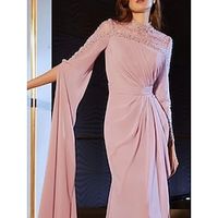 A-Line Evening Gown Elegant Dress Formal Sweep  Brush Train Long Sleeve Jewel Neck Chiffon with Pleats Sequin 2023 Lightinthebox - thumbnail