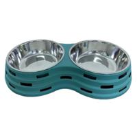 Pets Club Double Dining Pet Feedrer With Stainless Steel Bowl & Non Slip Rubber Bottom Green For Cat & Dog - 41.5X22X7Cm