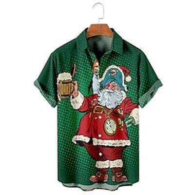 Santa Claus Vintage Men's Shirt Outdoor Christmas Street Fall Turndown Short Sleeve Dark Navy Green S M L Shirt Lightinthebox