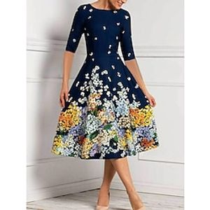 Women's Wedding Guest Dress Party Dress Semi Formal Dress Midi Dress Navy Blue Half Sleeve Floral Print Summer Spring Fall Crew Neck Fashion Wedding Guest Vacation Summer Dress S M L XL 2XL 3XL Lightinthebox