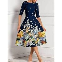 Women's Wedding Guest Dress Party Dress Semi Formal Dress Midi Dress Navy Blue Half Sleeve Floral Print Summer Spring Fall Crew Neck Fashion Wedding Guest Vacation Summer Dress S M L XL 2XL 3XL Lightinthebox - thumbnail