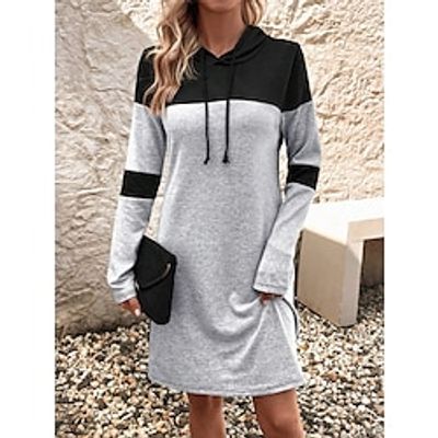 Women's Hoodie Dress Casual Dress Mini Dress Warm Fashion Outdoor Vacation Weekend Hoodie Print Striped Loose Fit Gray S M L XL XXL Lightinthebox