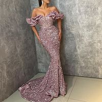 Mermaid  Trumpet Evening Gown Sparkle Dress Formal Christmas Court Train Sleeveless Off Shoulder Sequined with Sequin Ruffles 2023 Lightinthebox - thumbnail