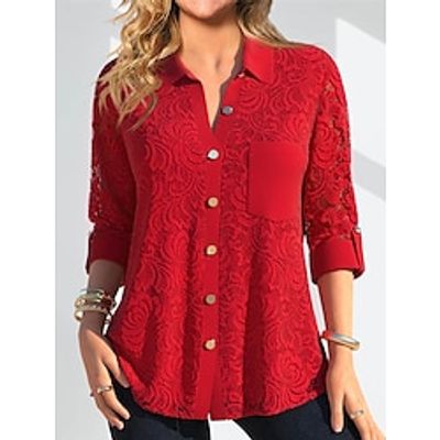 Women's Lace Shirt Blouse Plain Red Lace Patchwork Button Long Sleeve Casual Going out Elegant Fashion Shirt Collar Regular Fit Spring Lightinthebox