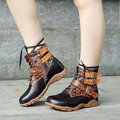 Women's Boots Combat Boots Handmade Shoes Vintage Shoes Daily Booties Ankle Boots Buckle Zipper Flat Heel Round Toe Vintage Casual Polyester Sheepskin Zipper Floral Purple miniinthebox