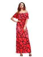 Women Off Shoulder Short Sleeve Printed Long Maxi Dresses