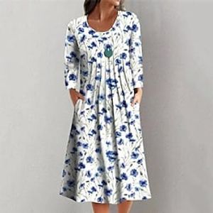 Women's Casual Dress Shift Dress Midi Dress Blue Long Sleeve Floral Pocket Print Fall Winter Round Neck Casual Vacation 2022 S M L XL XXL 3XL Lightinthebox