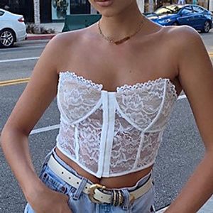 Corset Women's Corsets Comfortable Overbust Corset Backless Tummy Control Push Up Lace Flower Buckle Polyester Wedding Party Party  Evening All Seasons White Black Lightinthebox