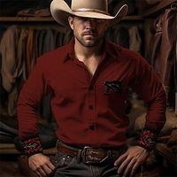 Bear Vintage western style Men's Shirt Western Shirt Outdoor Street Casual Daily Fall  Winter Turndown Long Sleeve Burgundy Blue S M L Shirt Lightinthebox - thumbnail