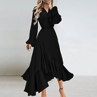 Women's Party Dress Stain Maxi long Dress Green White Black Pink Long Sleeve Pure Color Ruffle Fall Winter V Neck Elegant Party Slim 2023 S M L XL XXL 3XL miniinthebox - thumbnail