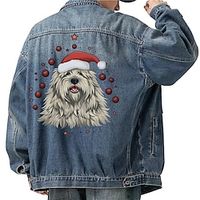 Dog Letter Christmas Casual Men's Coat Denim Jacket Christmas Sports  Outdoor Going out Fall  Winter Turndown Long Sleeve Black Blue M L XL Denim Jacket Lightinthebox - thumbnail