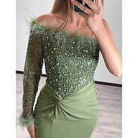 Mermaid  Trumpet Evening Gown Christmas Party Dress Formal Sweep  Brush Train Long Sleeve One Shoulder Sequined with Feather Glitter Ruched 2023 Lightinthebox - thumbnail