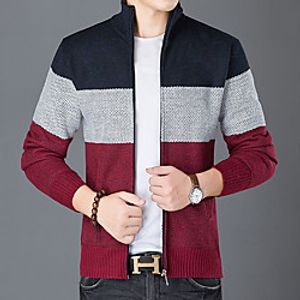 Men's Unisex Stylish Vintage Style Zipper Front Stripe Pocket Knitted Striped Cardigan Sweater Long Sleeve Sweater Cardigans Stand Collar Fall Winter Wine Light gray Dark Gray miniinthebox