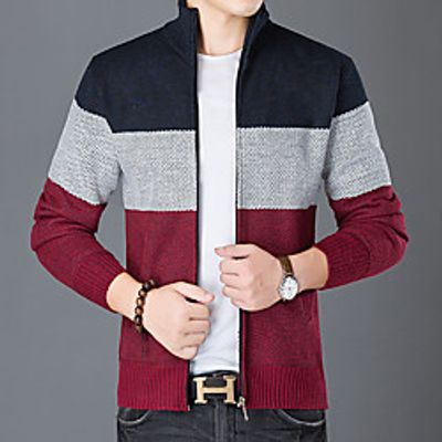 Men's Unisex Stylish Vintage Style Zipper Front Stripe Pocket Knitted Striped Cardigan Sweater Long Sleeve Sweater Cardigans Stand Collar Fall Winter Wine Light gray Dark Gray miniinthebox