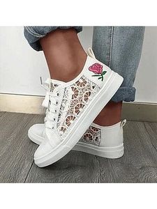 Net yarn rose flat casual white shoes