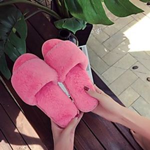 Women's Slippers  Flip-Flops Fuzzy Slippers Flat Heel Open Toe Daily Faux Fur Black Dusty Rose Fuchsia miniinthebox