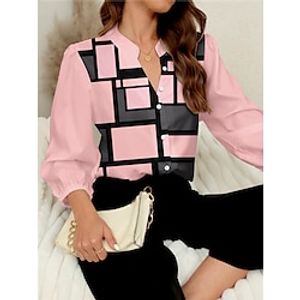 Women's Shirt Blouse Geometric Plaid Pink Wine Purple Print Button Long Sleeve Work Casual Fashion Modern Standing Collar Regular Fit Spring Lightinthebox