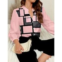 Women's Shirt Blouse Geometric Plaid Pink Wine Purple Print Button Long Sleeve Work Casual Fashion Modern Standing Collar Regular Fit Spring Lightinthebox - thumbnail