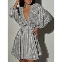 Women's Party Dress Cocktail Dress Sparkle Deep V Puff Sleeve Long Sleeve Mini Dress Wedding Birthday Elegant Silver Black Summer Spring Lightinthebox