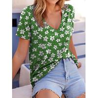 Women's T shirt Tee Floral Casual Holiday Green Print Short Sleeve Fashion V Neck Regular Fit Summer Lightinthebox