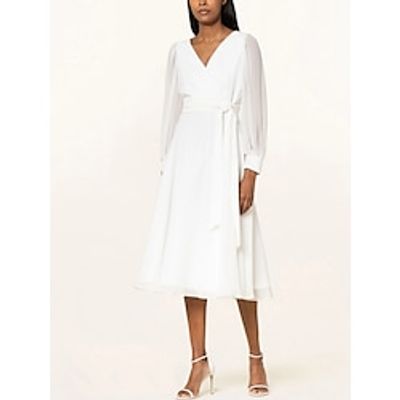 Little White Dresses Wedding Dresses A-Line V Neck Long Sleeve Tea Length Chiffon Bridal Gowns With Bow(s) Pleats 2023 Lightinthebox