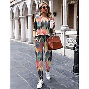 Women's Basic Streetwear Color Block Geometric Vacation Casual / Daily Two Piece Set Tracksuit T shirt Pant Loungewear Drawstring Print Tops miniinthebox