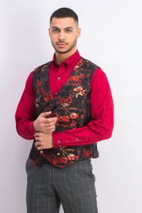 Mens Slim-Fit Floral Double-Breasted Vest  Red/Black