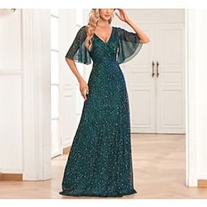 Women's Prom Dress Party Dress Sequin Dress Long Dress Maxi Dress Dark Green Short Sleeve Pure Color Ruched Summer Spring Fall V Neck Formal Wedding Guest Evening Party 2023 S M L XL XXL Lightinthebox